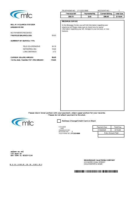 USA Illinois MTC business utility bill template in Word and PDF formats